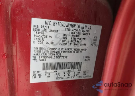 2003 Ford F-150 Lariat/Xlt z USA, uszkodzony, nr VIN 1FTRW08L33KD72381